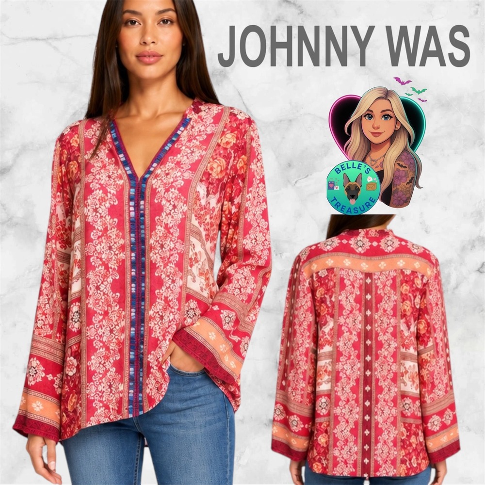 Johnny Was Women's XL Pink Red Rose Floral Silky Cupra Tunic Top  Oversize Light